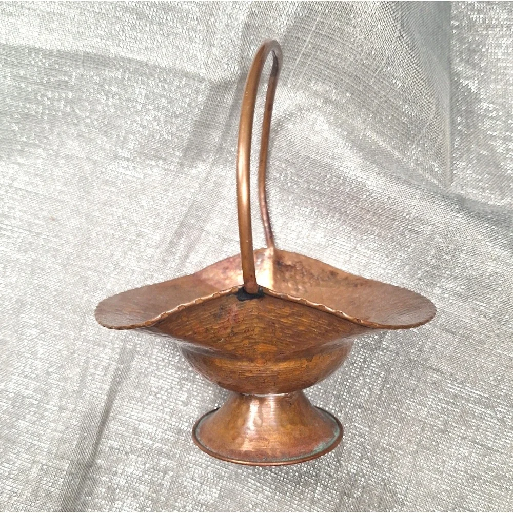2 Mini Vintage Hammered Copper Basket & Metal Weave Handles Metalware Decor MCM